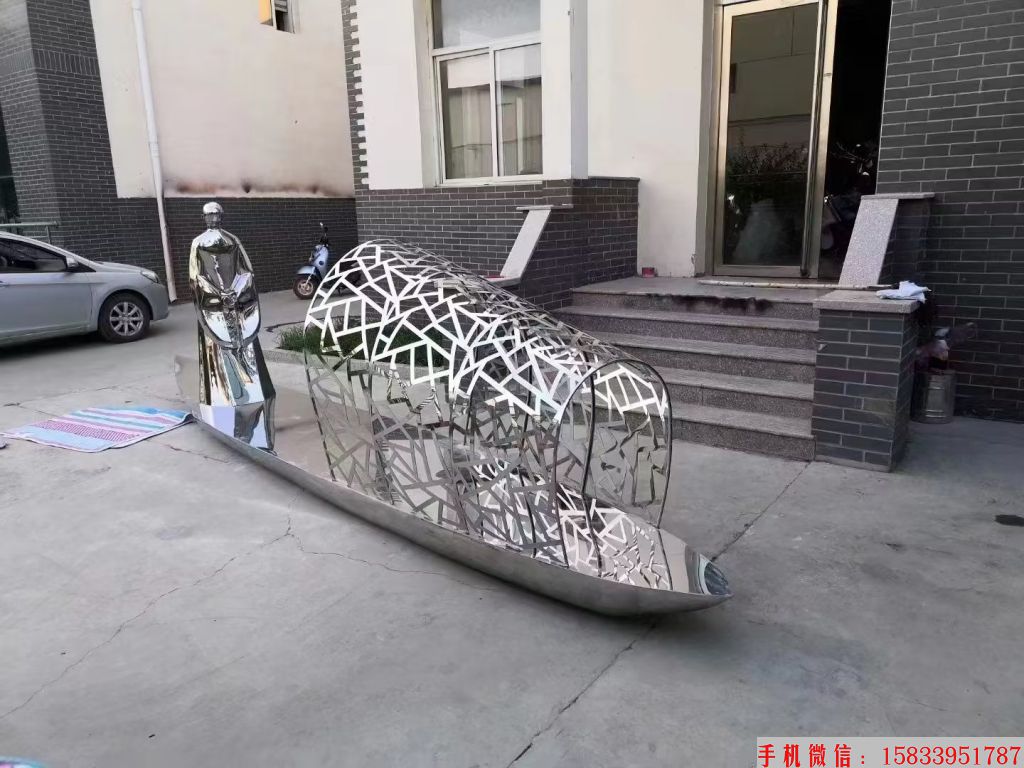 不锈钢船只雕塑,艺术创意金属船雕塑2